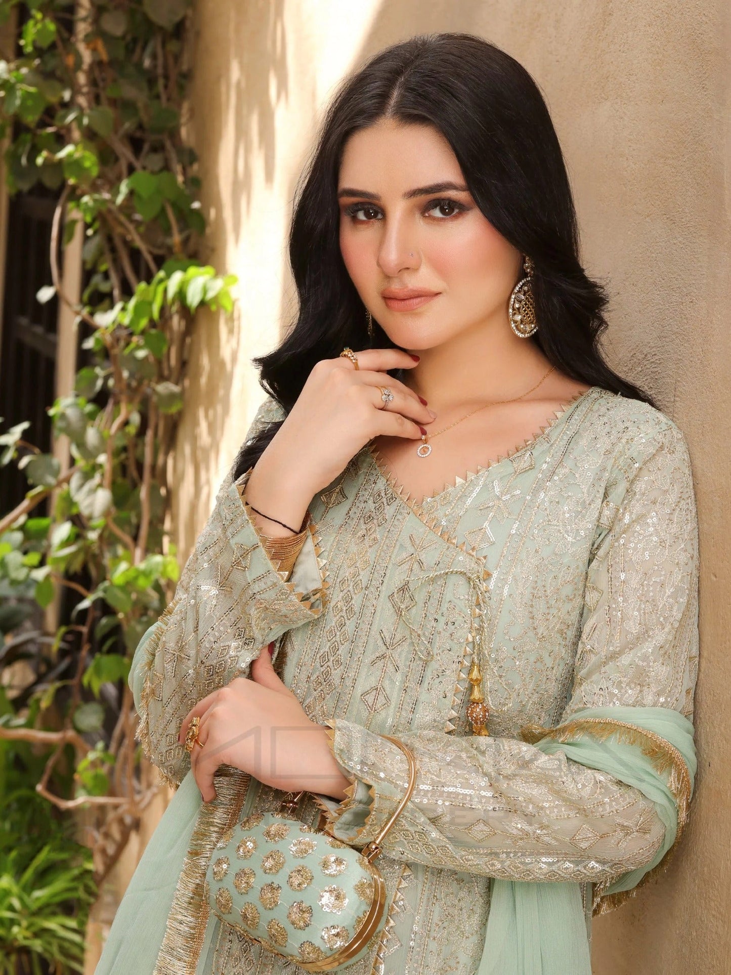 Manahil Arts Chiffon Embroidered Stitched 3-Piece Suit-Kurti 122-Mint Green 