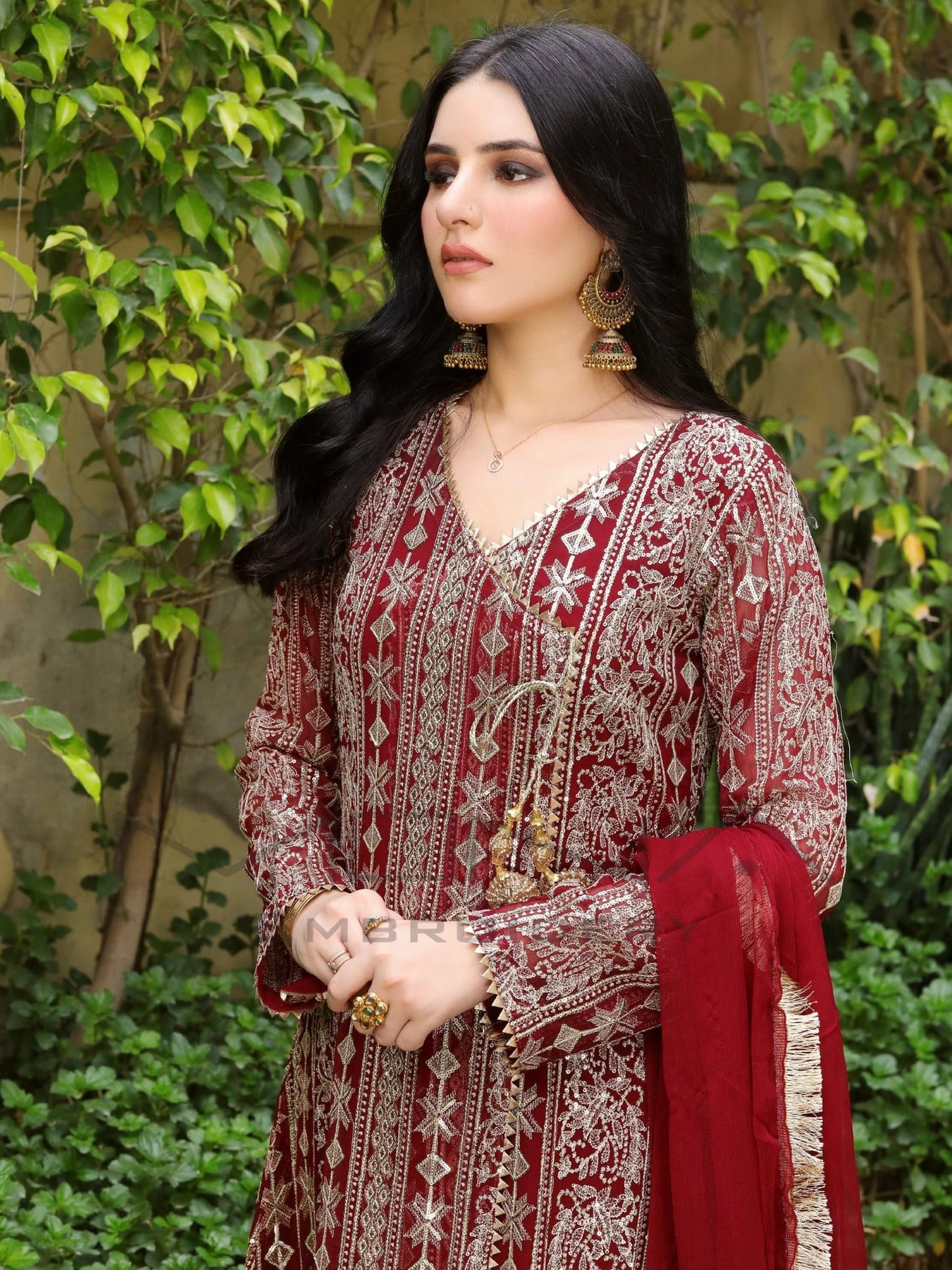 Maroon Manahil Arts Chiffon Embroidered Stitched 3-Piece Suit-Kurti 122-Maroon