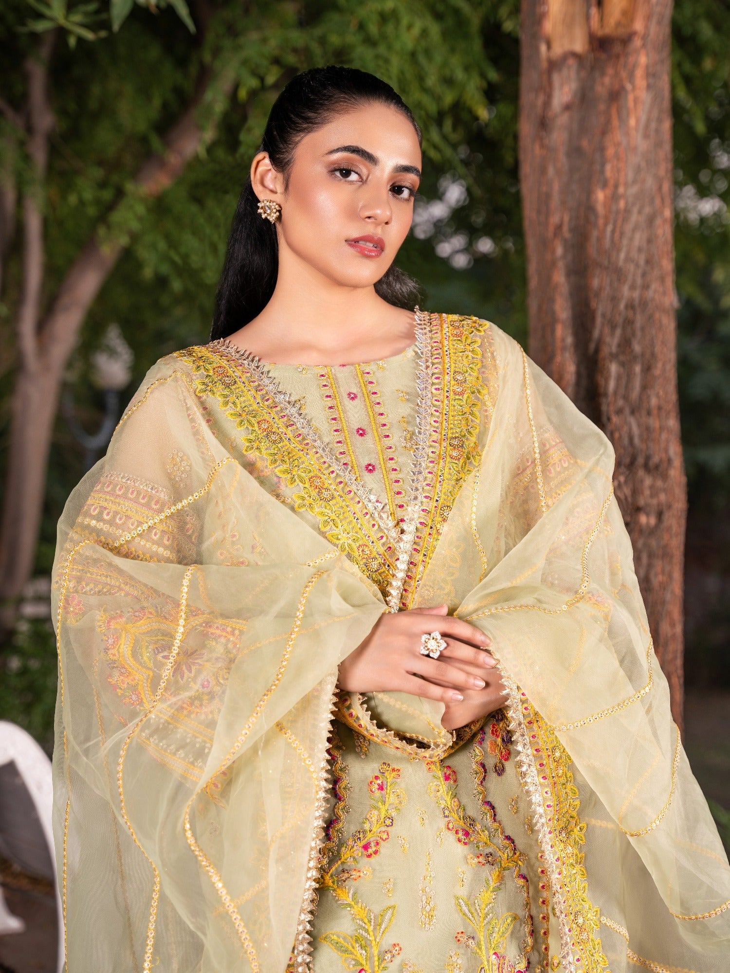 Beige HEM Organza Embroidered Stitched 4-Piece Suit-Madhubala