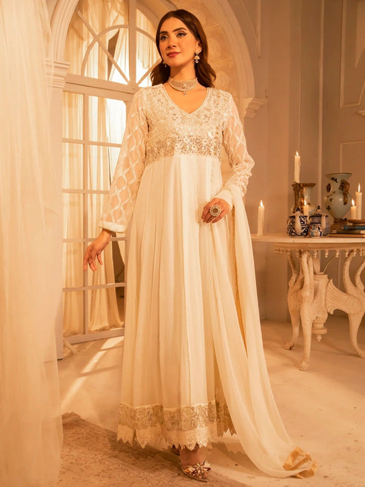 White Manahil Arts Chiffon Embroidered Stitched 3-Piece Maxi-Kurti 108