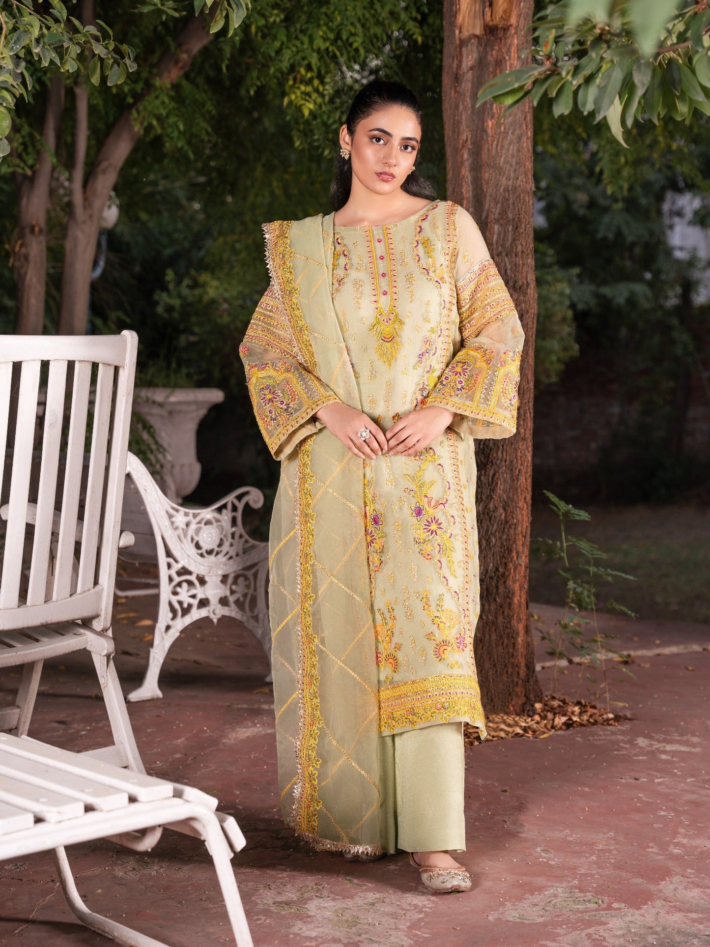 Beige HEM Organza Embroidered Stitched 4-Piece Suit-Madhubala