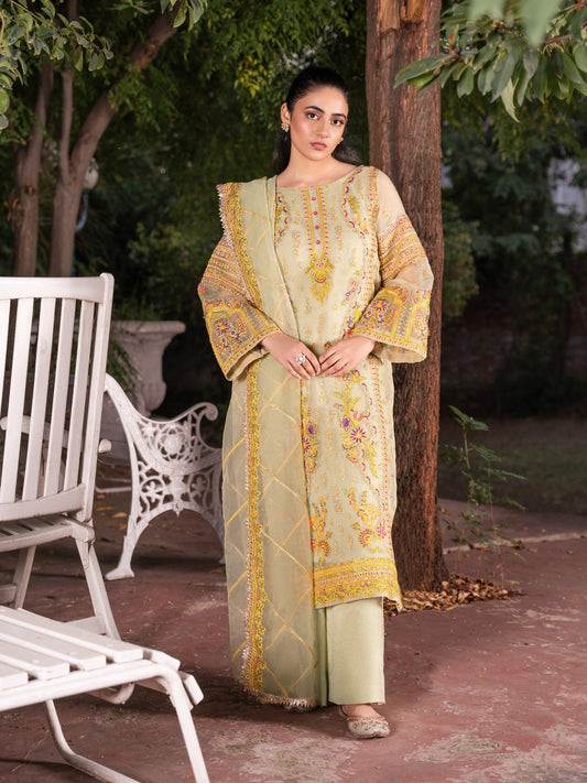 Beige HEM Organza Embroidered Stitched 4-Piece Suit-Madhubala