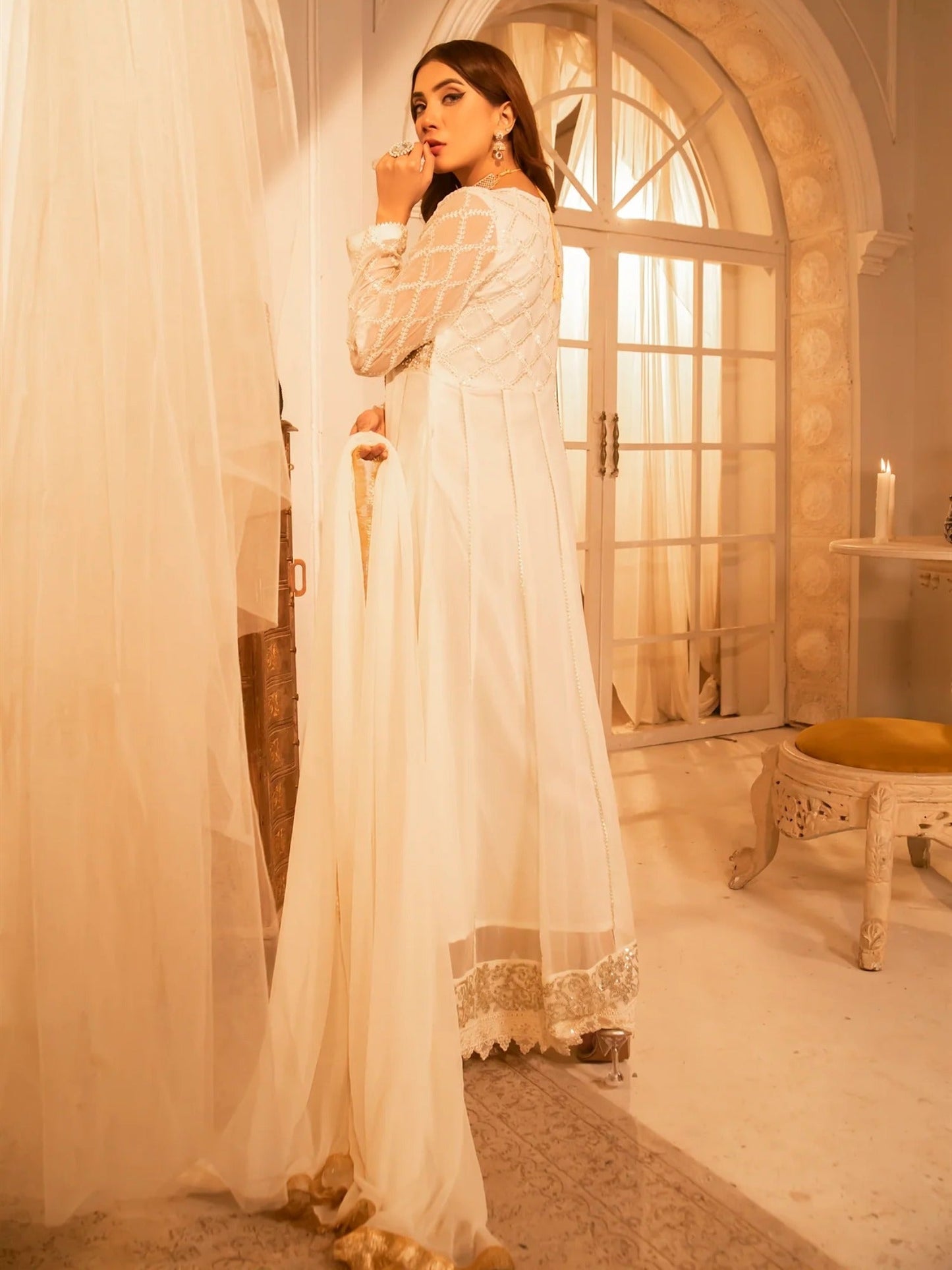 White Manahil Arts Chiffon Embroidered Stitched 3-Piece Maxi-Kurti 108