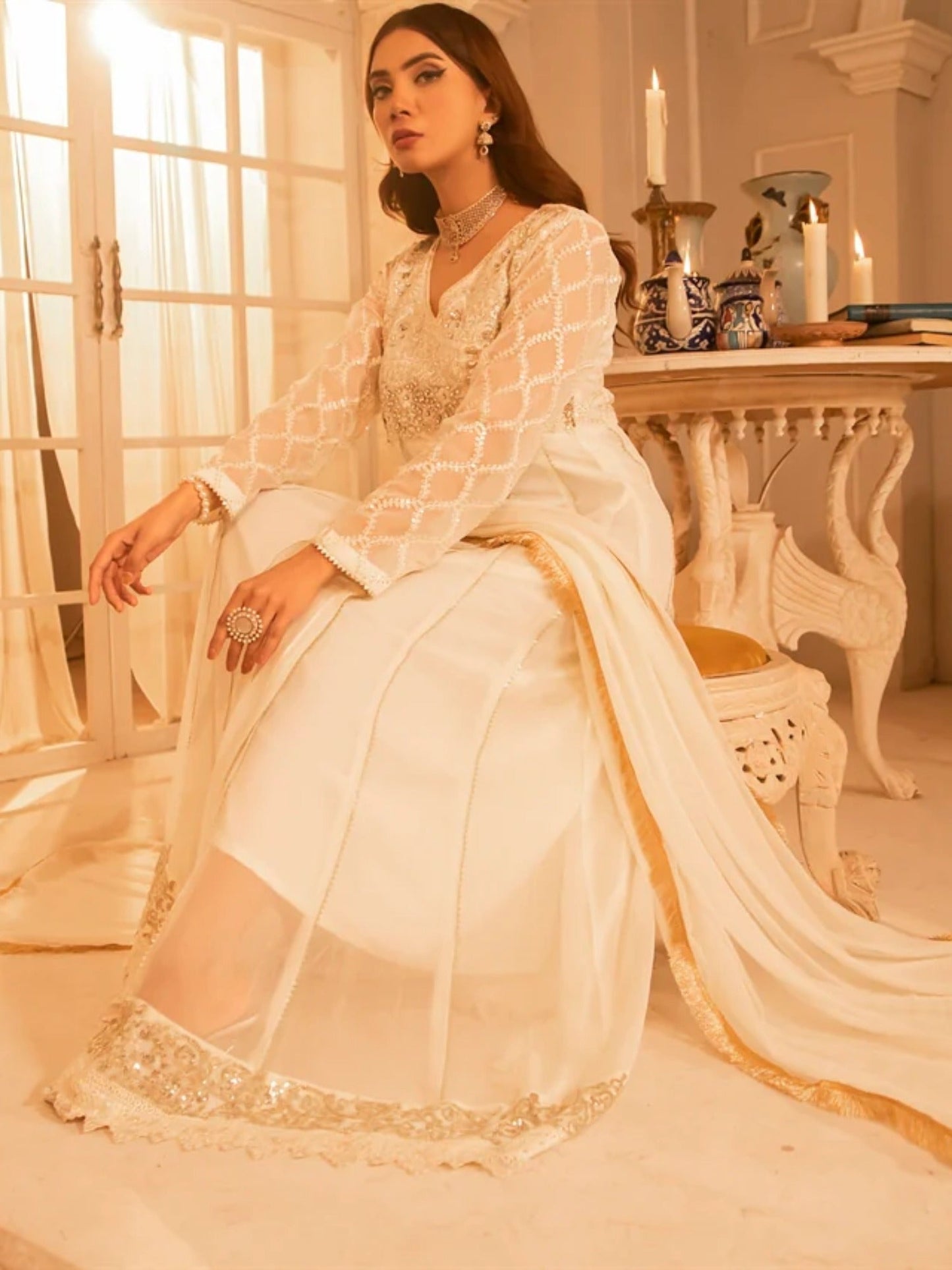 White Manahil Arts Chiffon Embroidered Stitched 3-Piece Maxi-Kurti 108