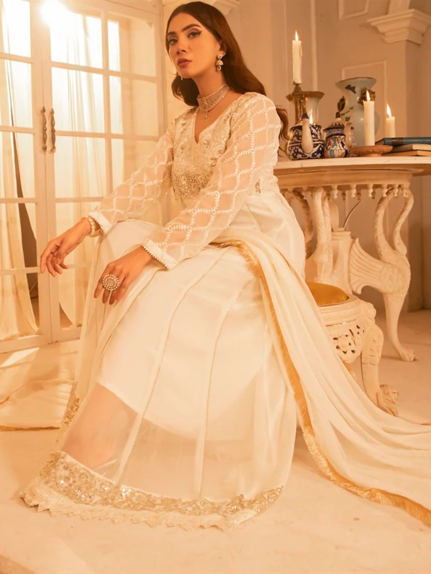 White Manahil Arts Chiffon Embroidered Stitched 3-Piece Maxi-Kurti 108