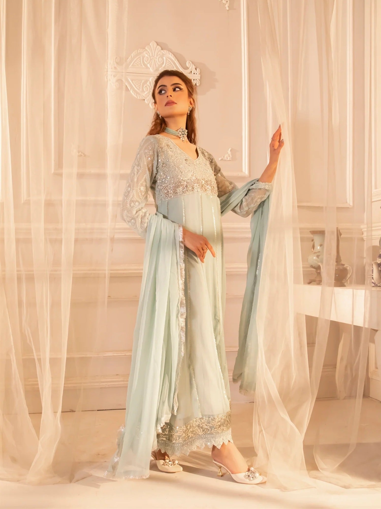 Manahil Arts Chiffon Embroidered Stitched 3-Piece Maxi-Kurti 108-Aqua