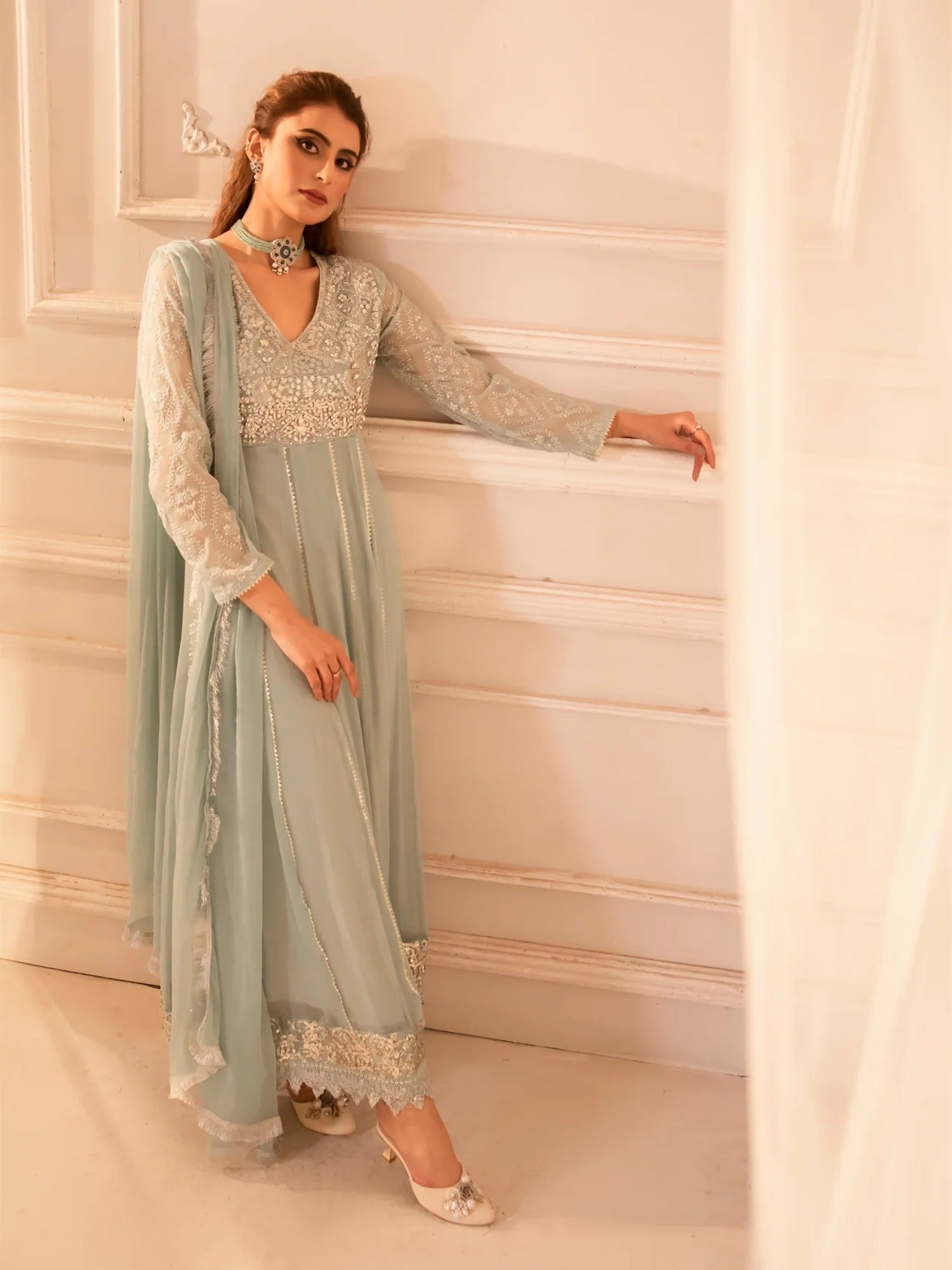 Manahil Arts Chiffon Embroidered Stitched 3-Piece Maxi-Kurti 108-Aqua