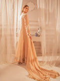 Peach Manahil Arts Chiffon Embroidered Stitched 3-Piece Maxi-Kurti 108