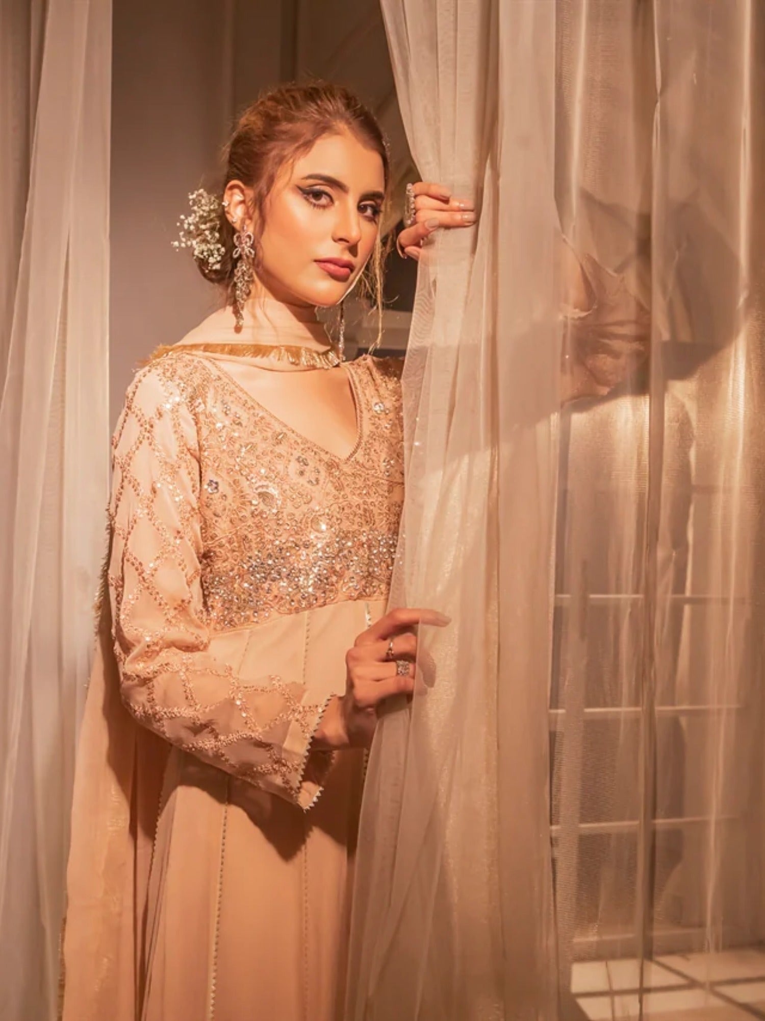 Peach Manahil Arts Chiffon Embroidered Stitched 3-Piece Maxi-Kurti 108