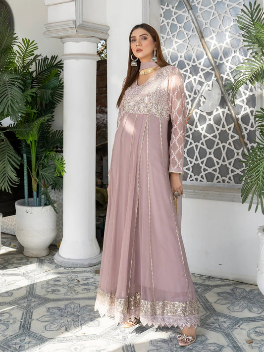 Lilac Manahil Arts Chiffon Embroidered Stitched 3-Piece Maxi-Kurti 108-Lilac