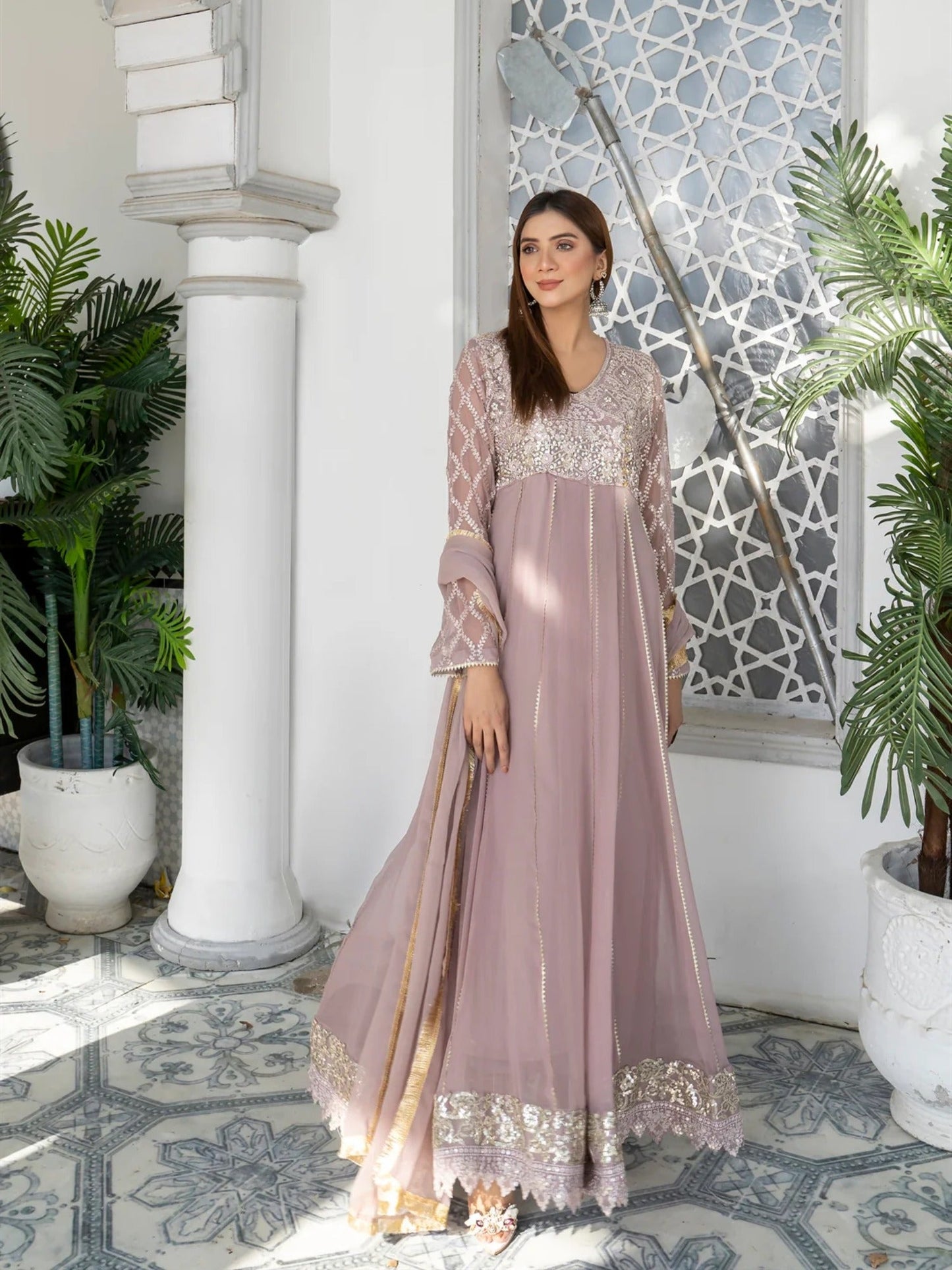 Lilac Manahil Arts Chiffon Embroidered Stitched 3-Piece Maxi-Kurti 108-Lilac