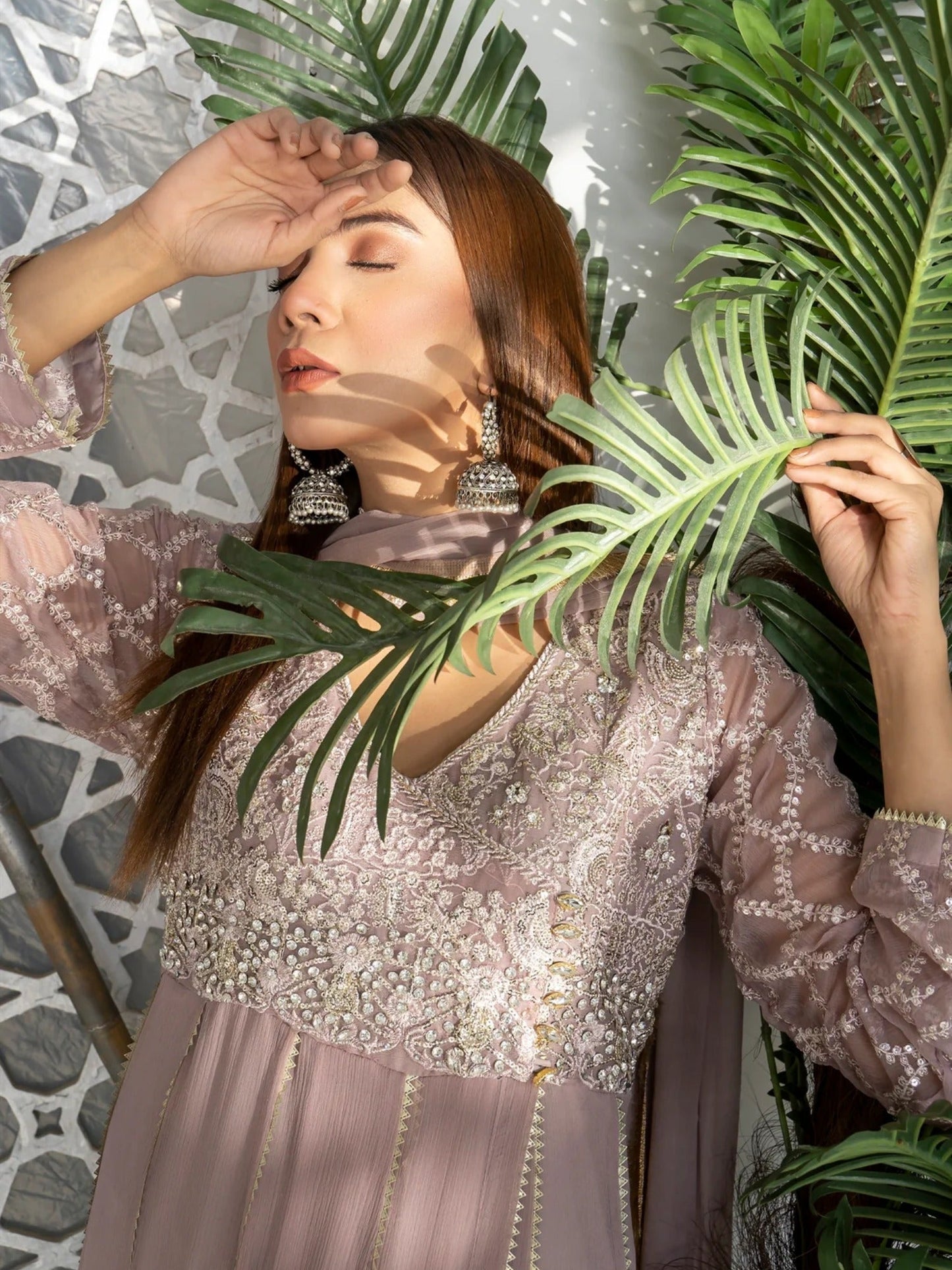 Lilac Manahil Arts Chiffon Embroidered Stitched 3-Piece Maxi-Kurti 108-Lilac