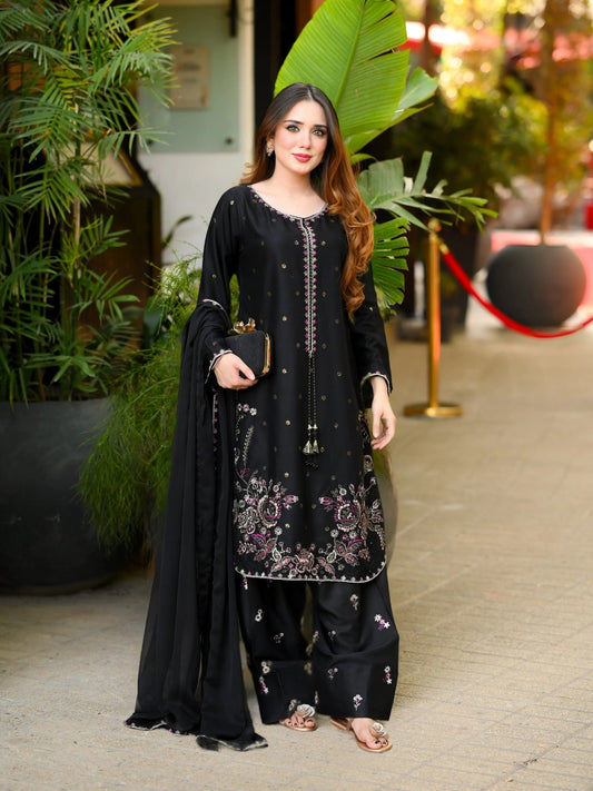 Black-Tehzeeb Libaas Lawn Embroidered Stitched 3-Piece Suit-Zarqa