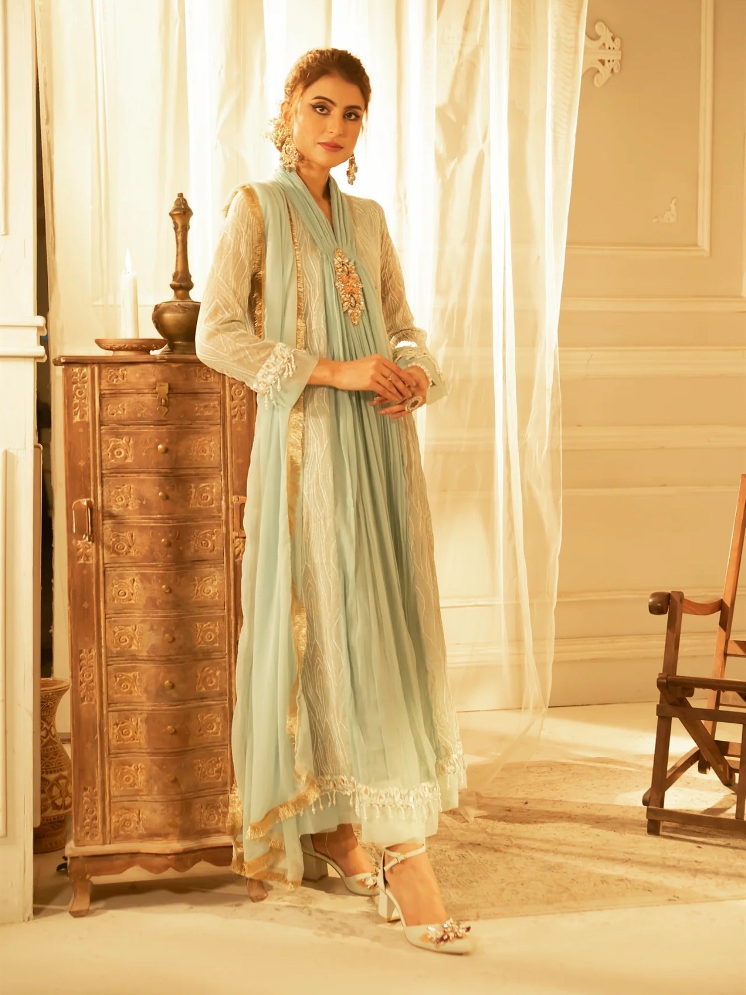 Manahil Arts Chiffon Embroidered Stitched 3-Piece Maxi-Kurti 109