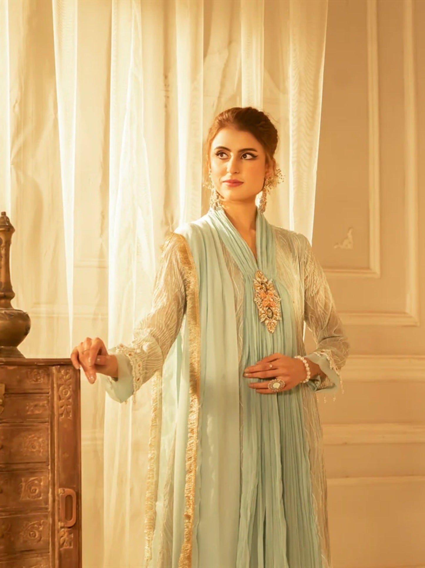 Manahil Arts Chiffon Embroidered Stitched 3-Piece Maxi-Kurti 109