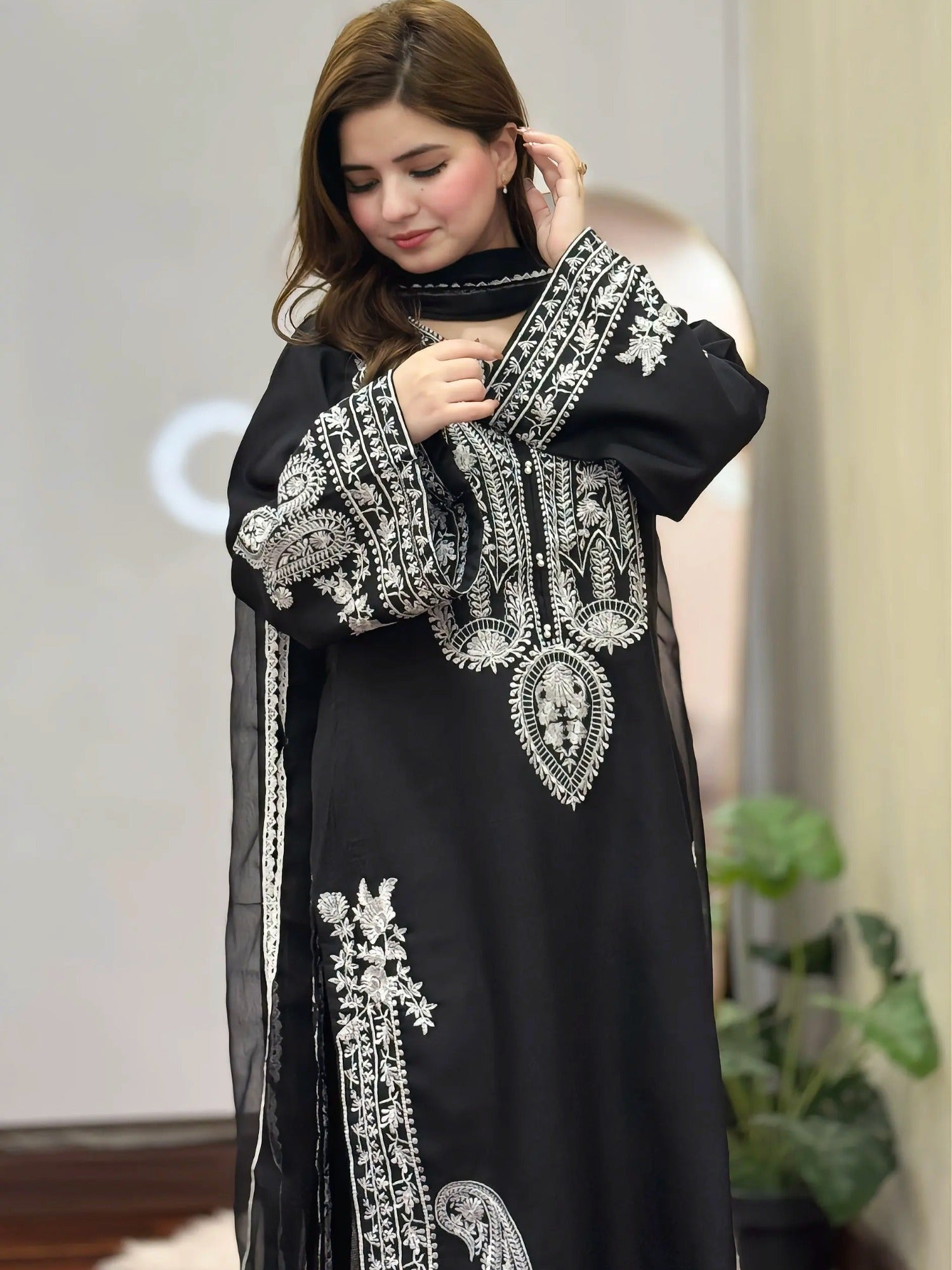 Black-Tehzeeb Libaas Lawn Embroidered Stitched 3-Piece Suit-Saphire Black