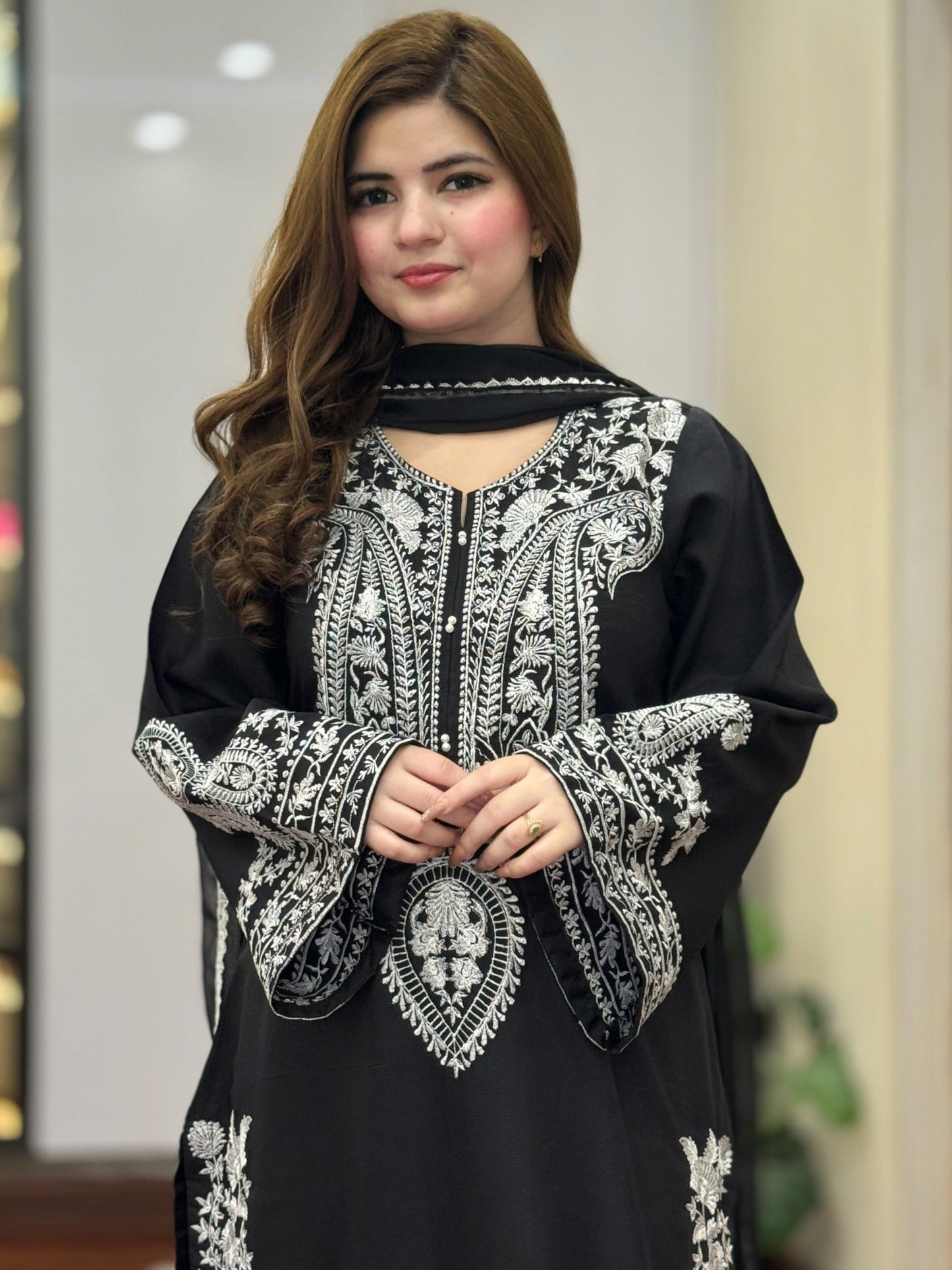 Black-Tehzeeb Libaas Lawn Embroidered Stitched 3-Piece Suit-Saphire Black