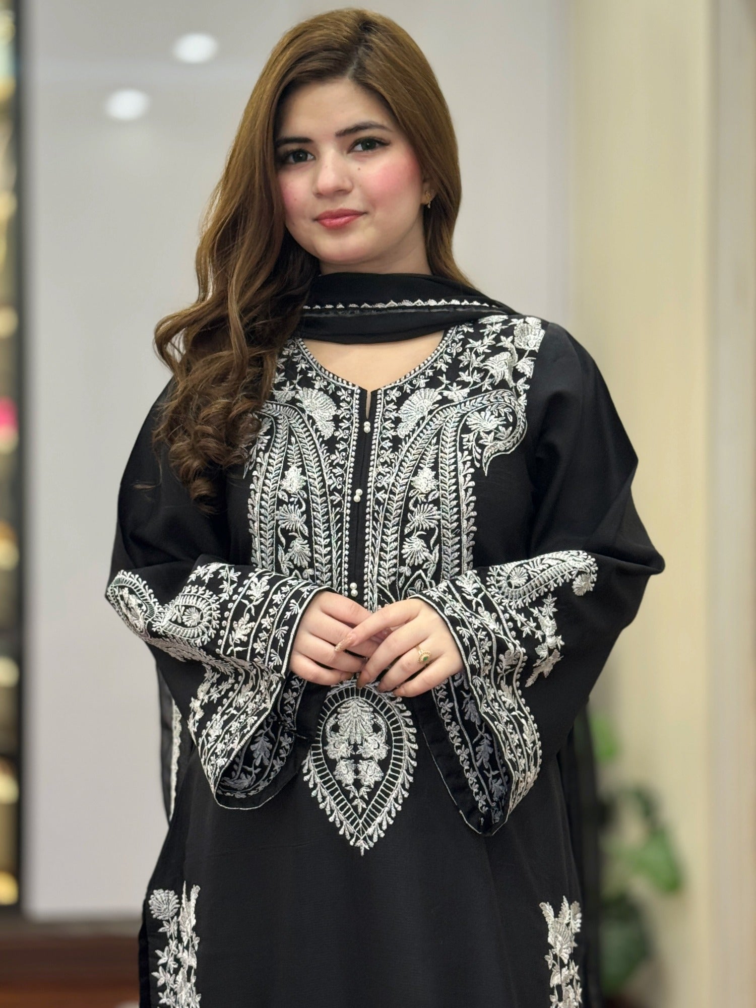 Black-Tehzeeb Libaas Lawn Embroidered Stitched 3-Piece Suit-Saphire Black