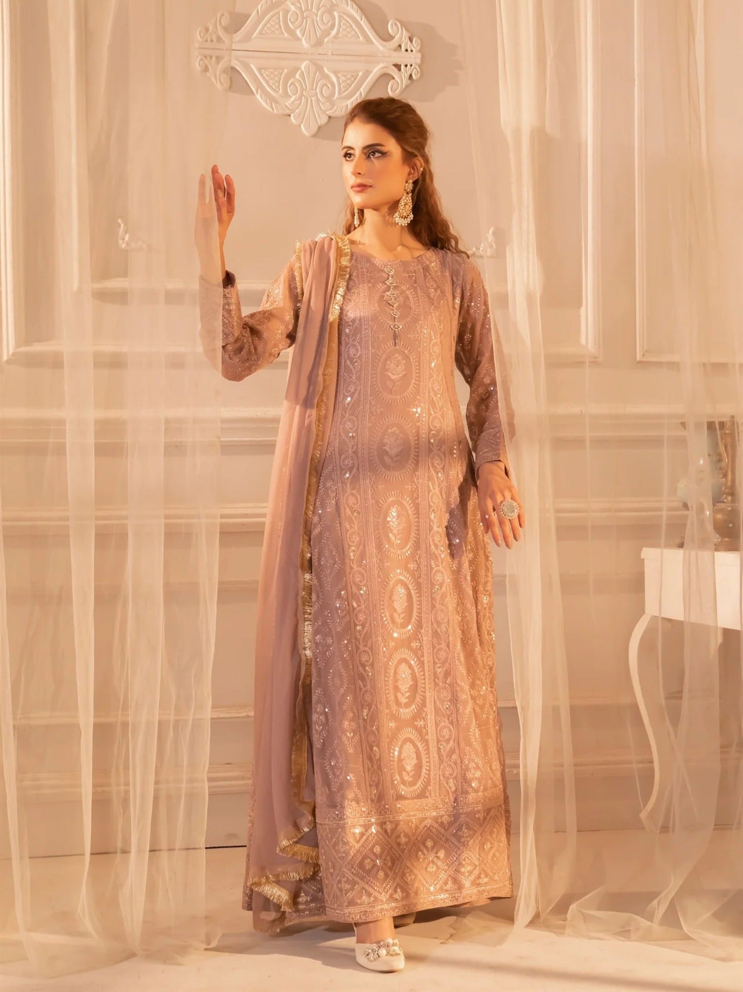 Lilac Manahil Arts Chiffon Embroidered Stitched 3-Piece Maxi-Kurti 098-Lilac
