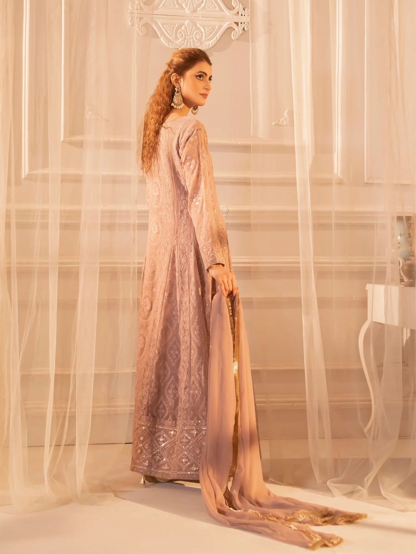 Lilac Manahil Arts Chiffon Embroidered Stitched 3-Piece Maxi-Kurti 098-Lilac