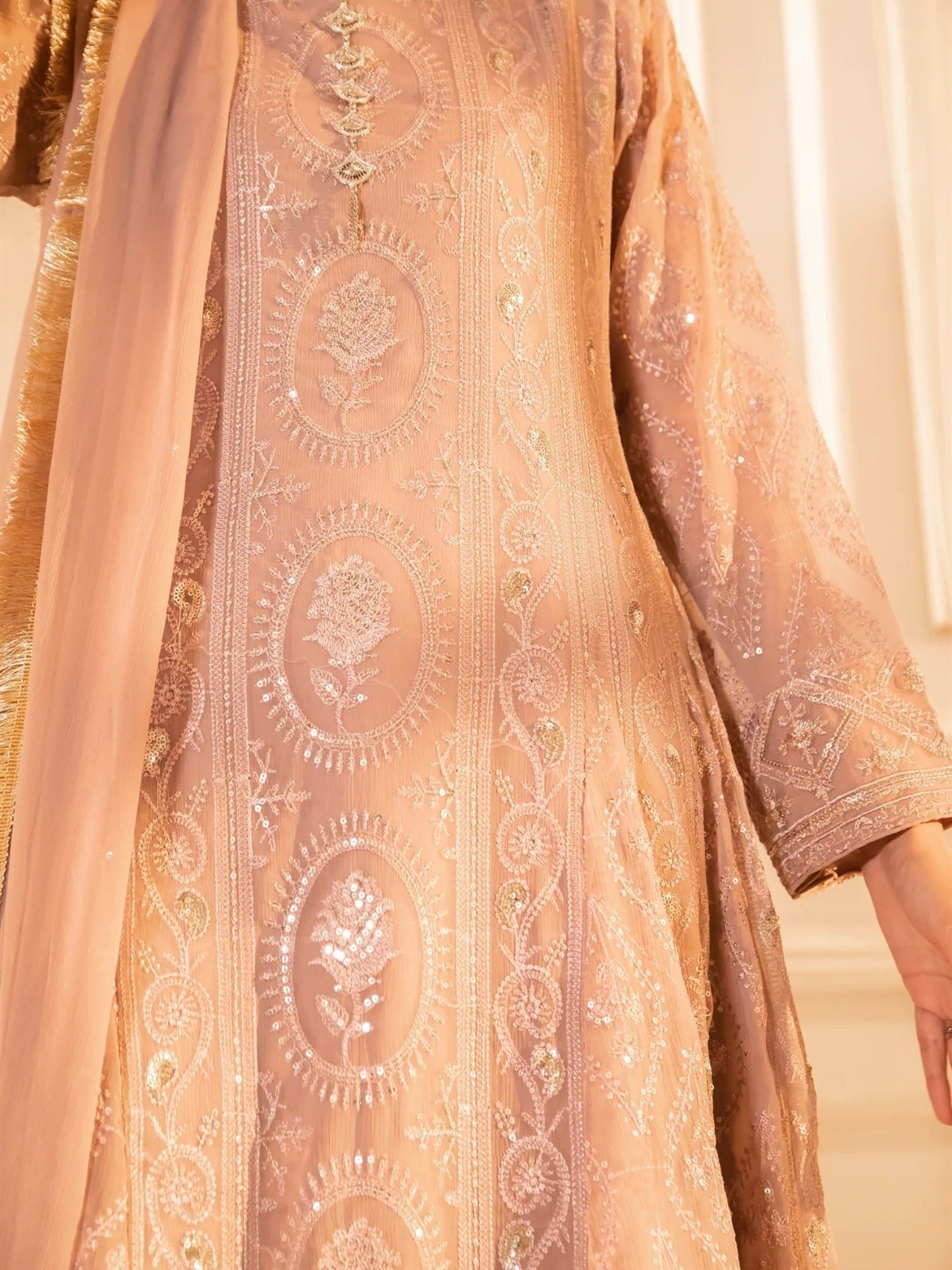 Lilac Manahil Arts Chiffon Embroidered Stitched 3-Piece Maxi-Kurti 098-Lilac