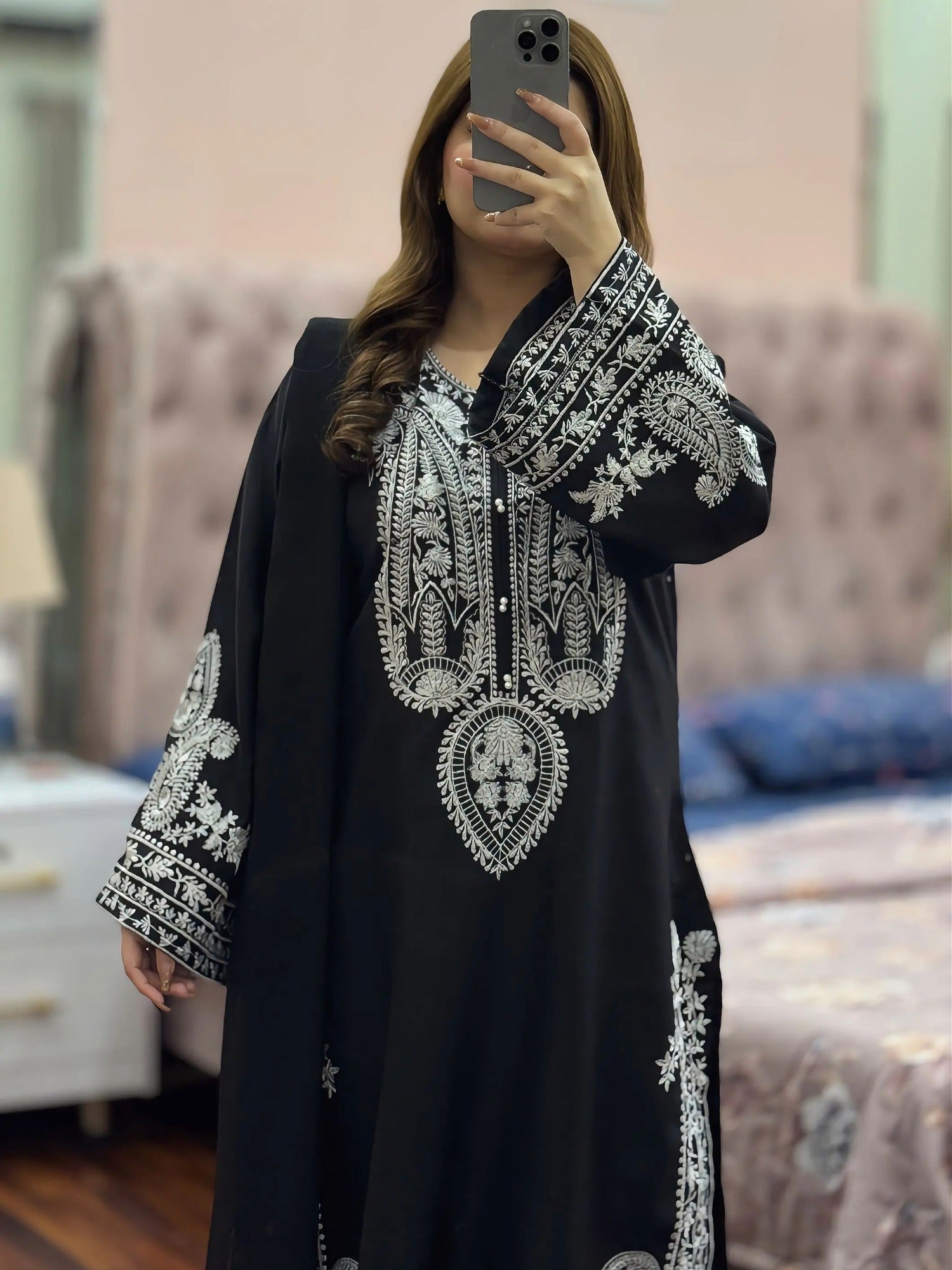 Black-Tehzeeb Libaas Lawn Embroidered Stitched 3-Piece Suit-Saphire Black