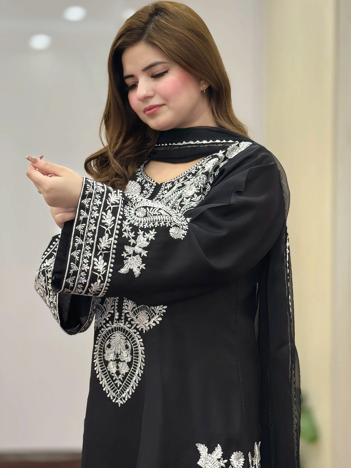 Black-Tehzeeb Libaas Lawn Embroidered Stitched 3-Piece Suit-Saphire Black