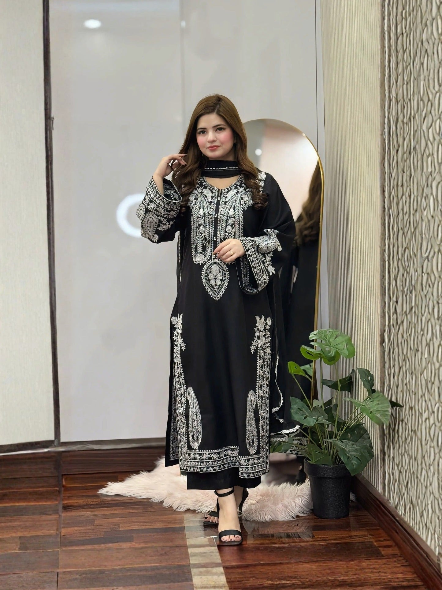 Black-Tehzeeb Libaas Lawn Embroidered Stitched 3-Piece Suit-Saphire Black