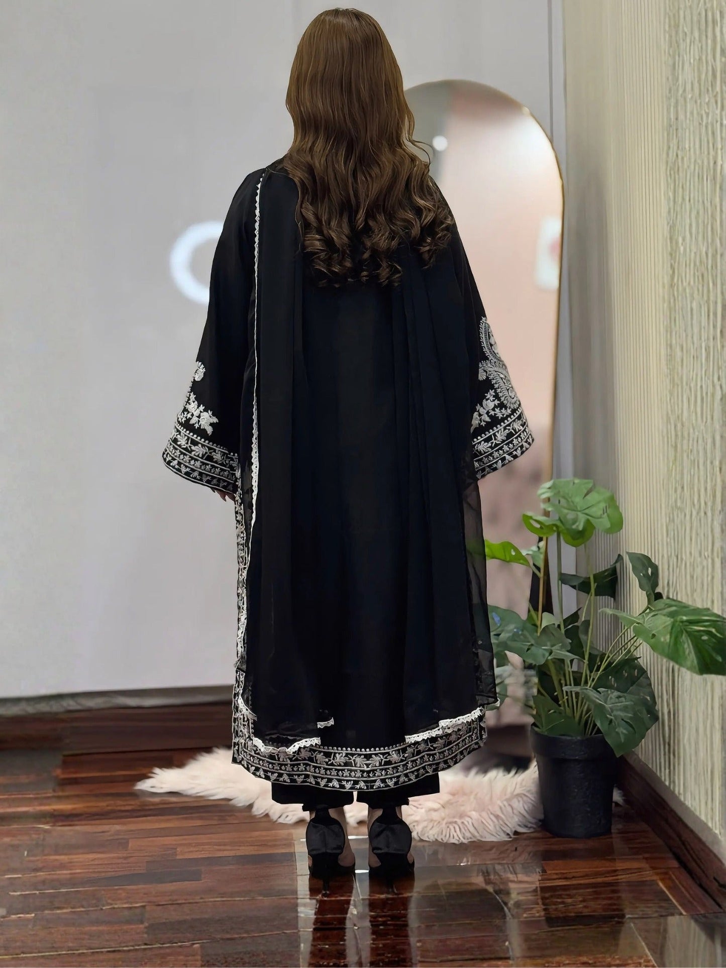 Black-Tehzeeb Libaas Lawn Embroidered Stitched 3-Piece Suit-Saphire Black