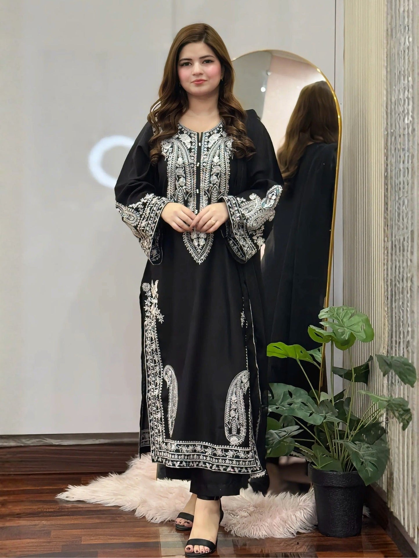Black-Tehzeeb Libaas Lawn Embroidered Stitched 3-Piece Suit-Saphire Black