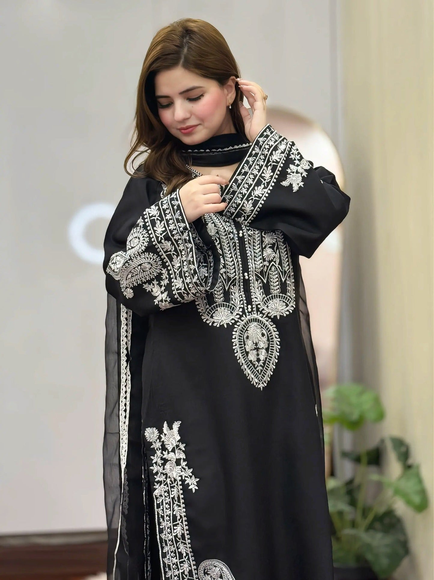 Black-Tehzeeb Libaas Lawn Embroidered Stitched 3-Piece Suit-Saphire Black