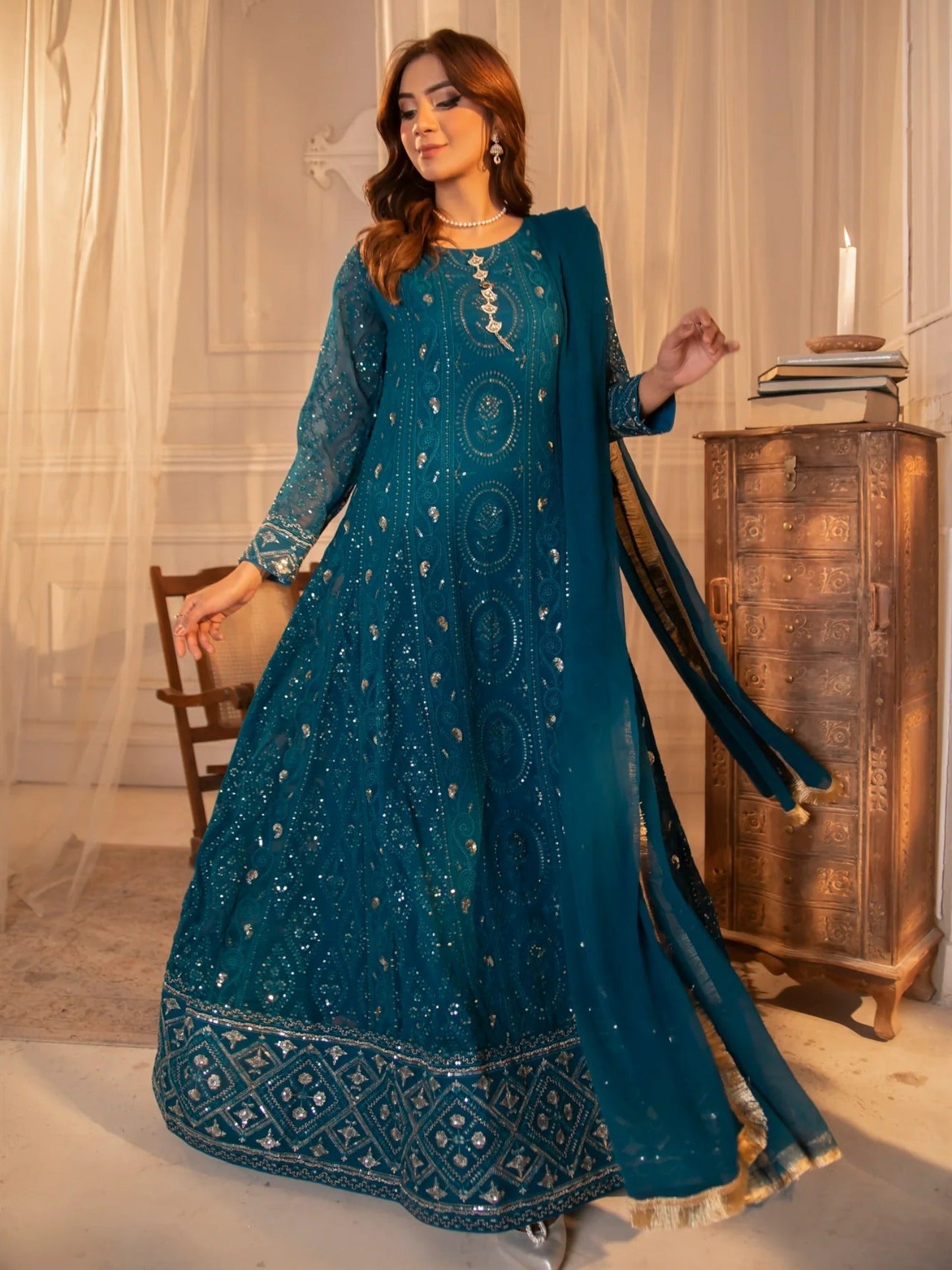 Manahil Arts Chiffon Embroidered Stitched 3-Piece Maxi-Kurti 098-Zinc