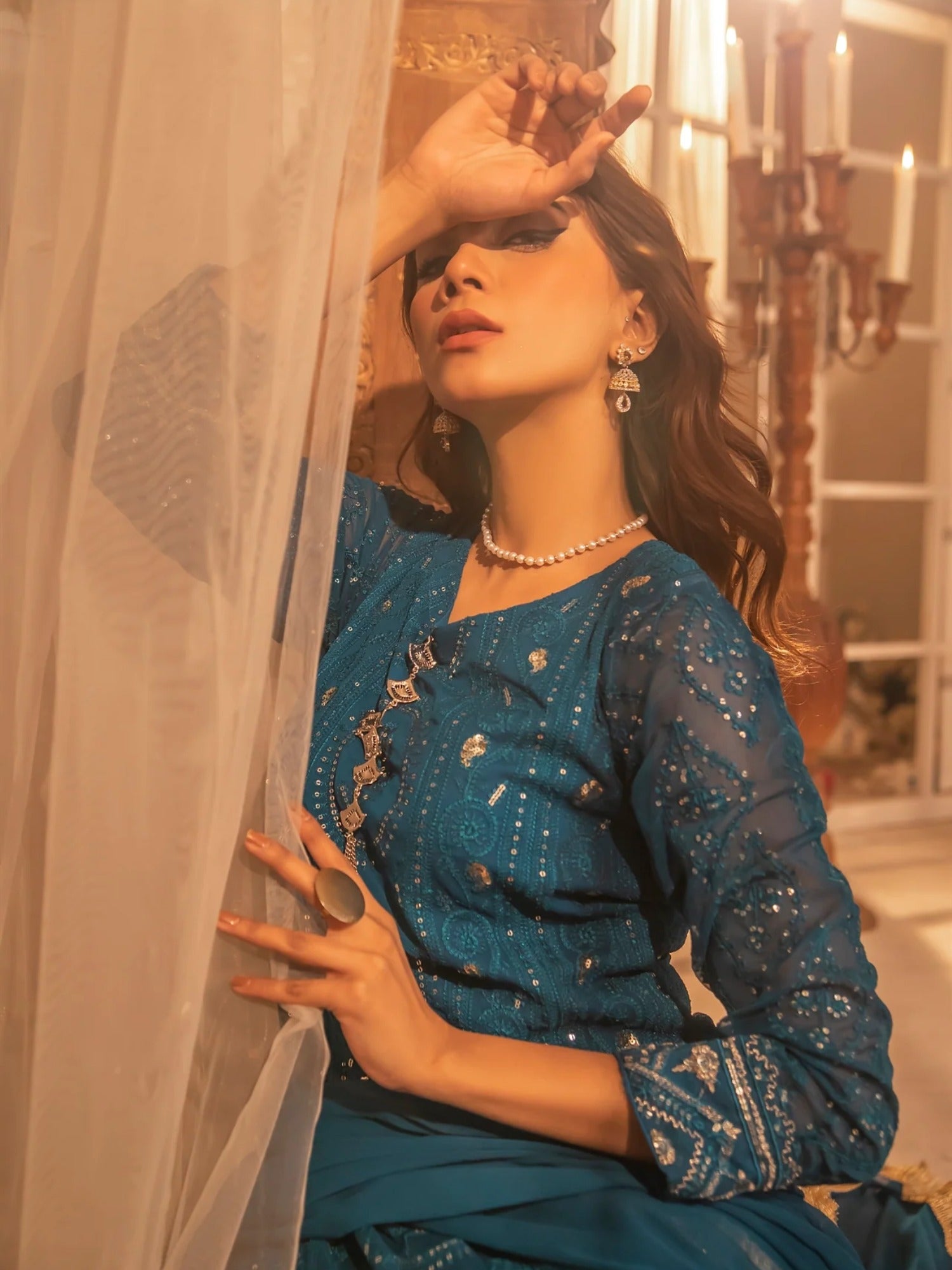 Manahil Arts Chiffon Embroidered Stitched 3-Piece Maxi-Kurti 098-Zinc