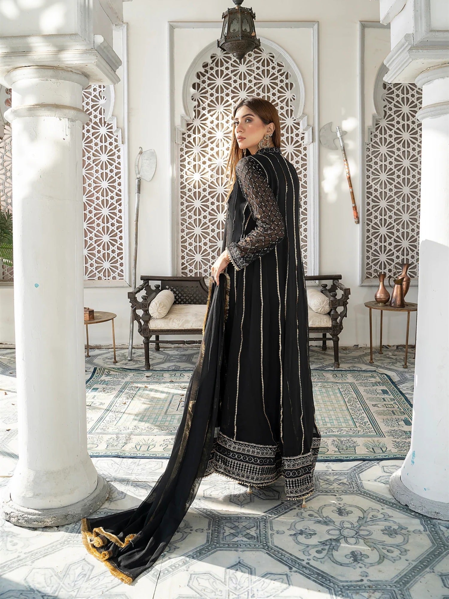 Black Manahil Arts Chiffon Embroidered Stitched 3-Piece Maxi-Kurti 106-Black