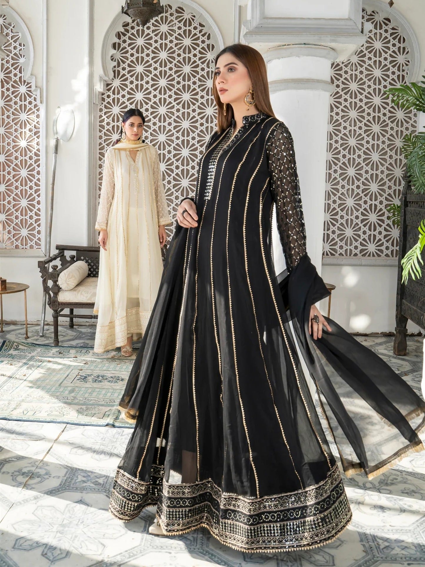 Black Manahil Arts Chiffon Embroidered Stitched 3-Piece Maxi-Kurti 106-Black