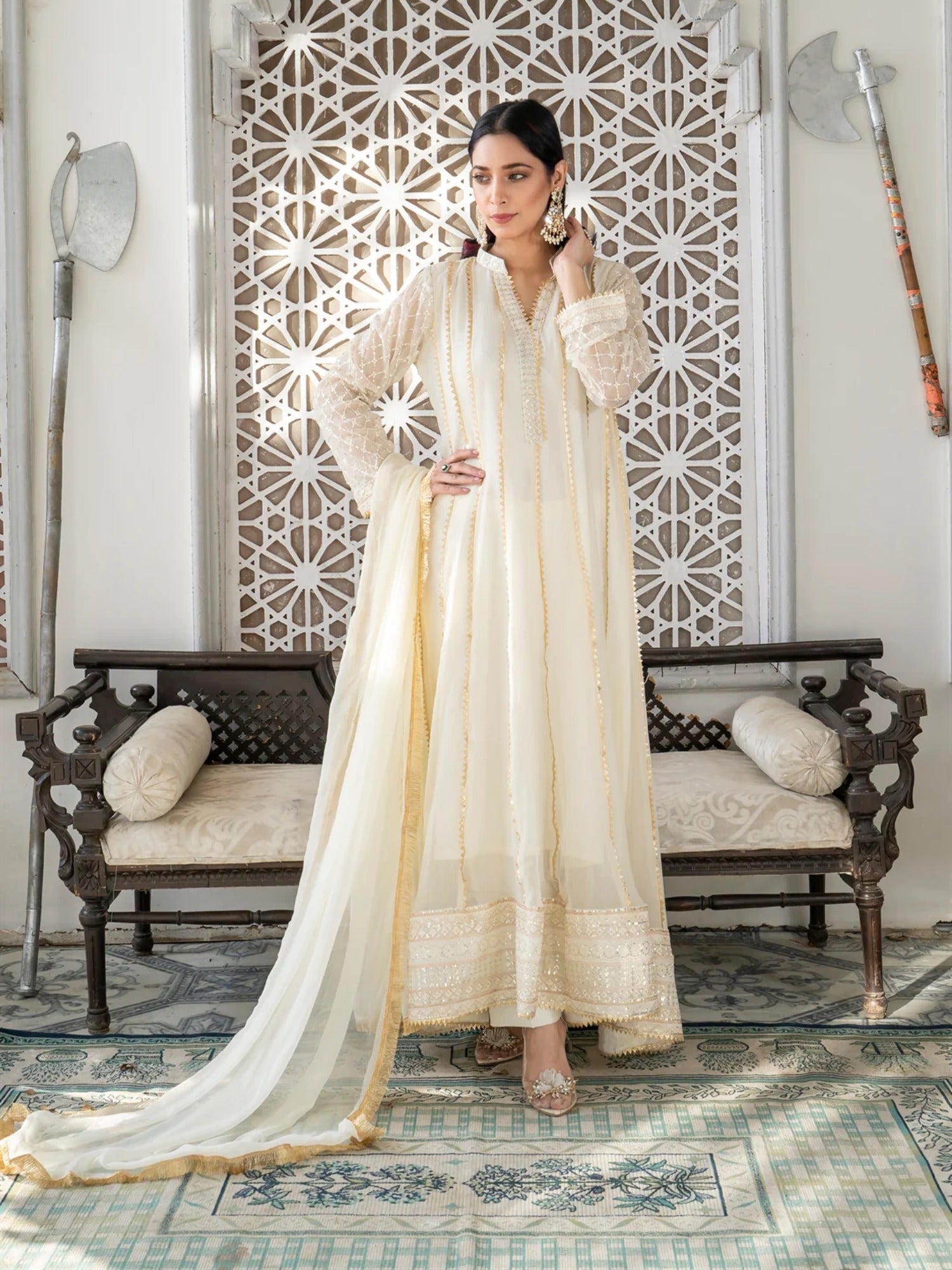 Manahil Arts Chiffon Embroidered Stitched 3-Piece Maxi-Kurti 106-Off White 
