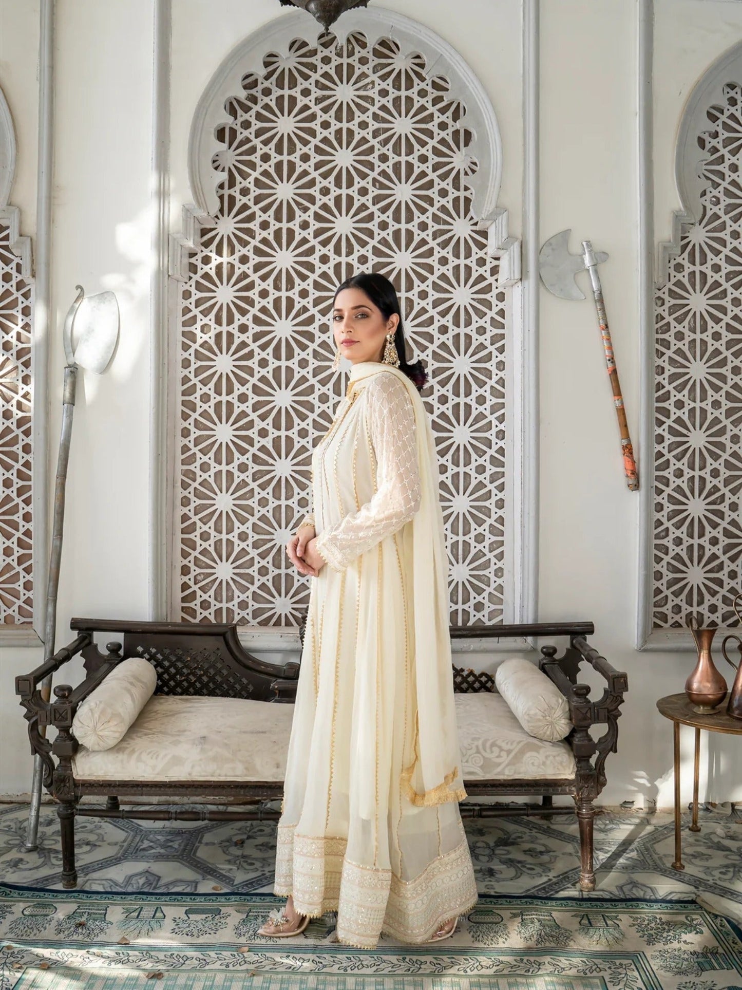 Manahil Arts Chiffon Embroidered Stitched 3-Piece Maxi-Kurti 106-Off White 