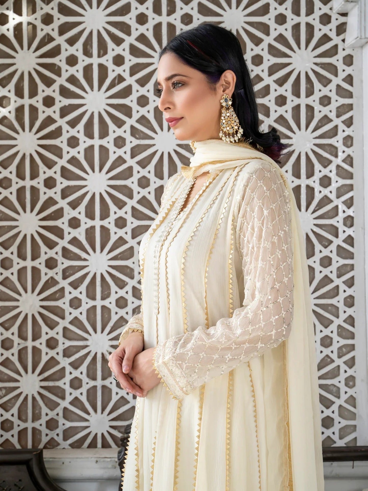 Manahil Arts Chiffon Embroidered Stitched 3-Piece Maxi-Kurti 106-Off White 
