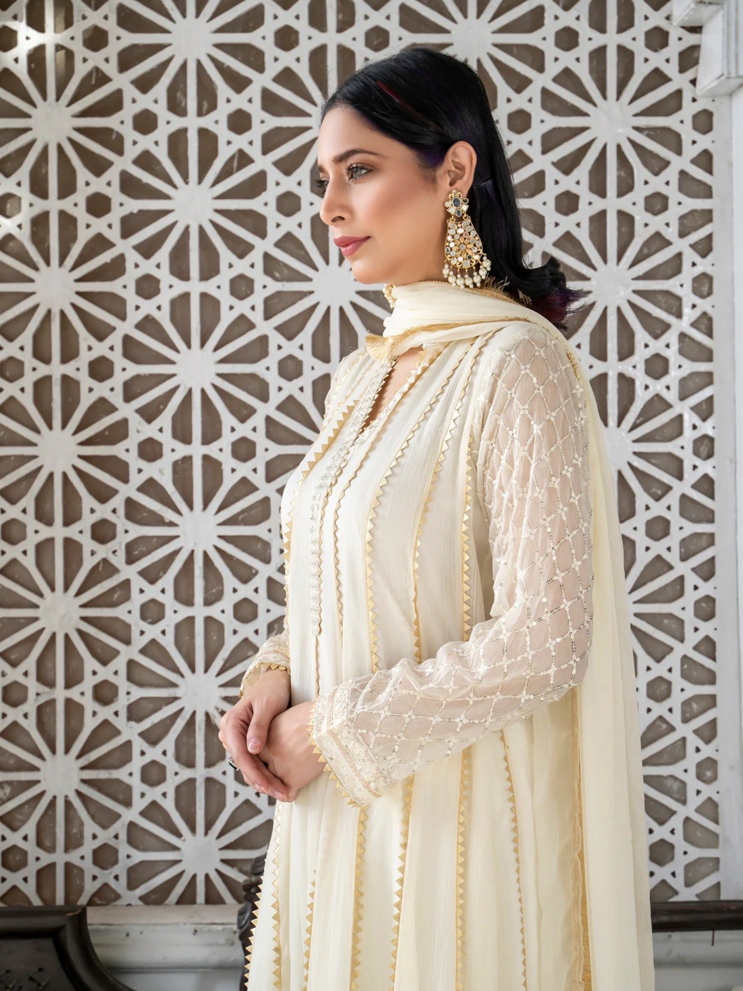 Manahil Arts Chiffon Embroidered Stitched 3-Piece Maxi-Kurti 106-Off White 