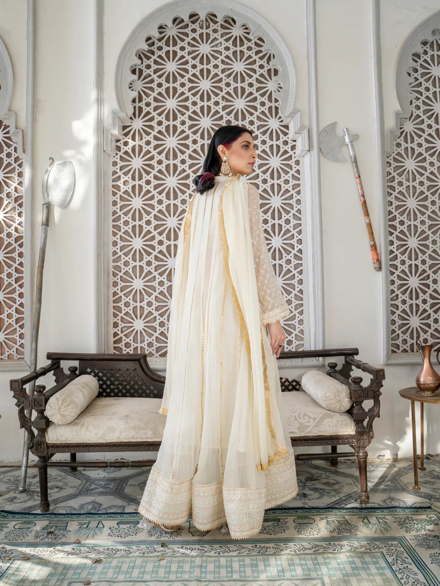 Manahil Arts Chiffon Embroidered Stitched 3-Piece Maxi-Kurti 106-Off White 