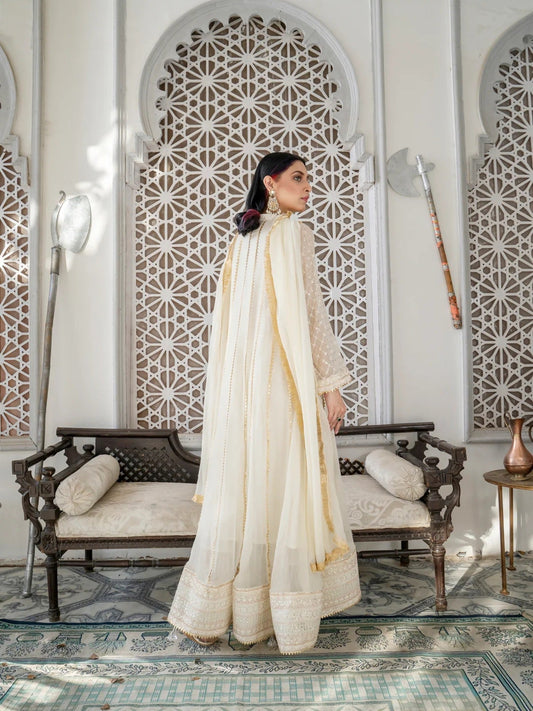 Manahil Arts Chiffon Embroidered Stitched 3-Piece Maxi-Kurti 106-Off White 