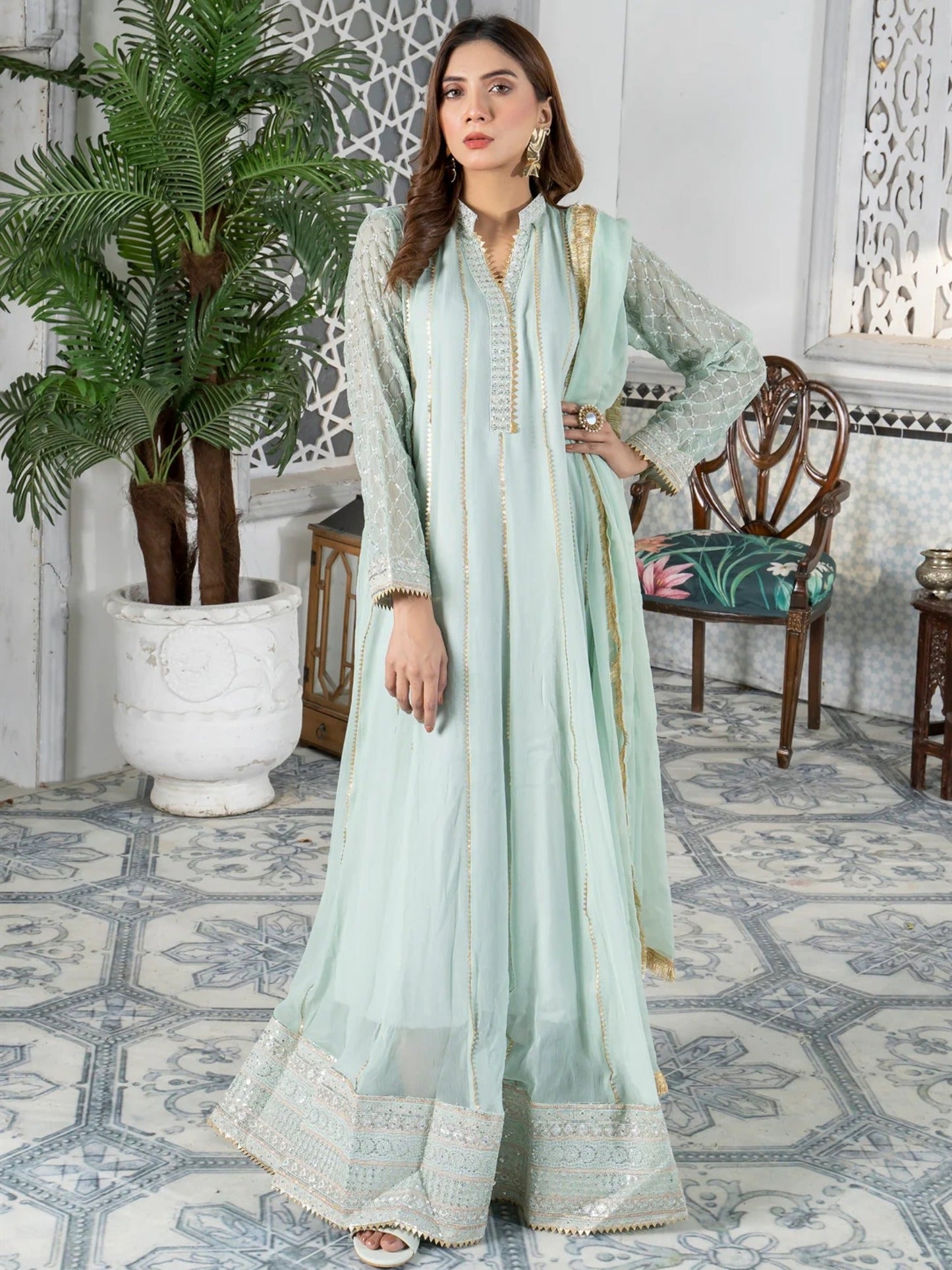 Manahil Arts Chiffon Embroidered Stitched 3-Piece Maxi-Kurti 106-Aqua