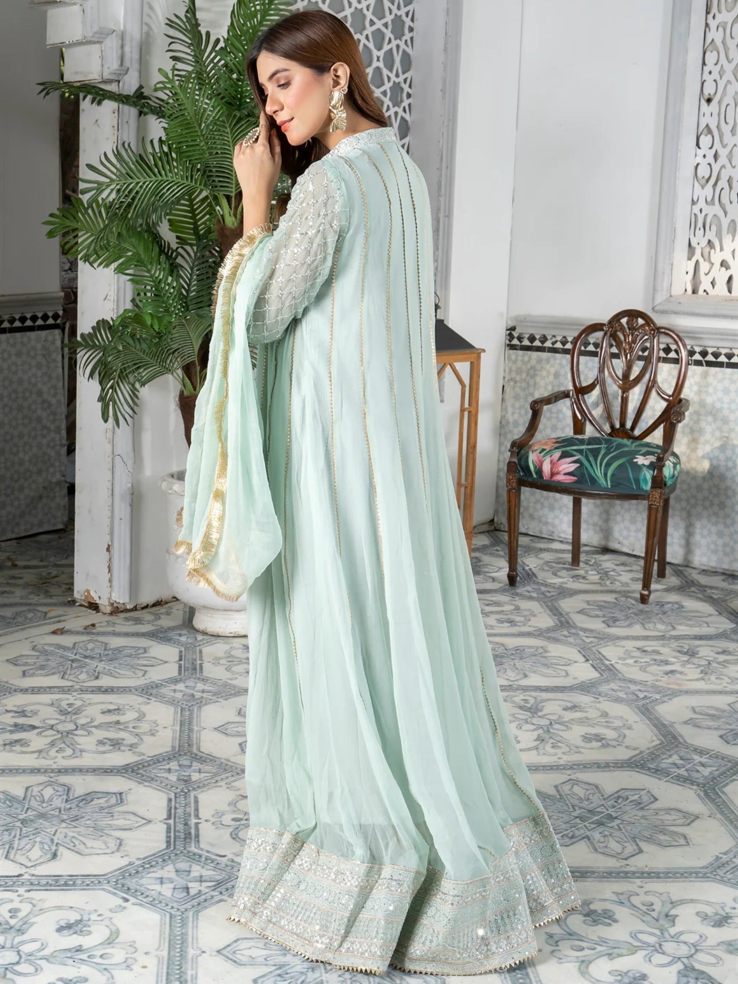 Manahil Arts Chiffon Embroidered Stitched 3-Piece Maxi-Kurti 106-Aqua