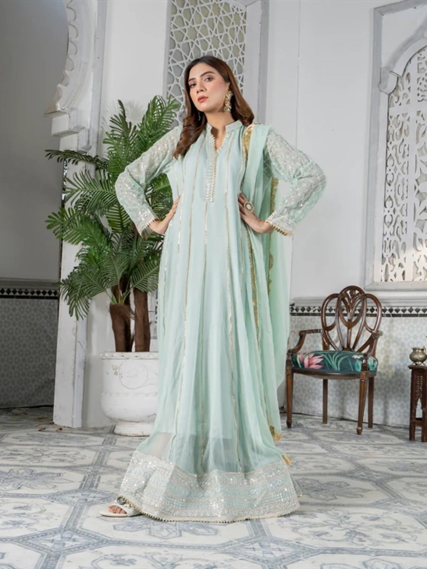 Manahil Arts Chiffon Embroidered Stitched 3-Piece Maxi-Kurti 106-Aqua