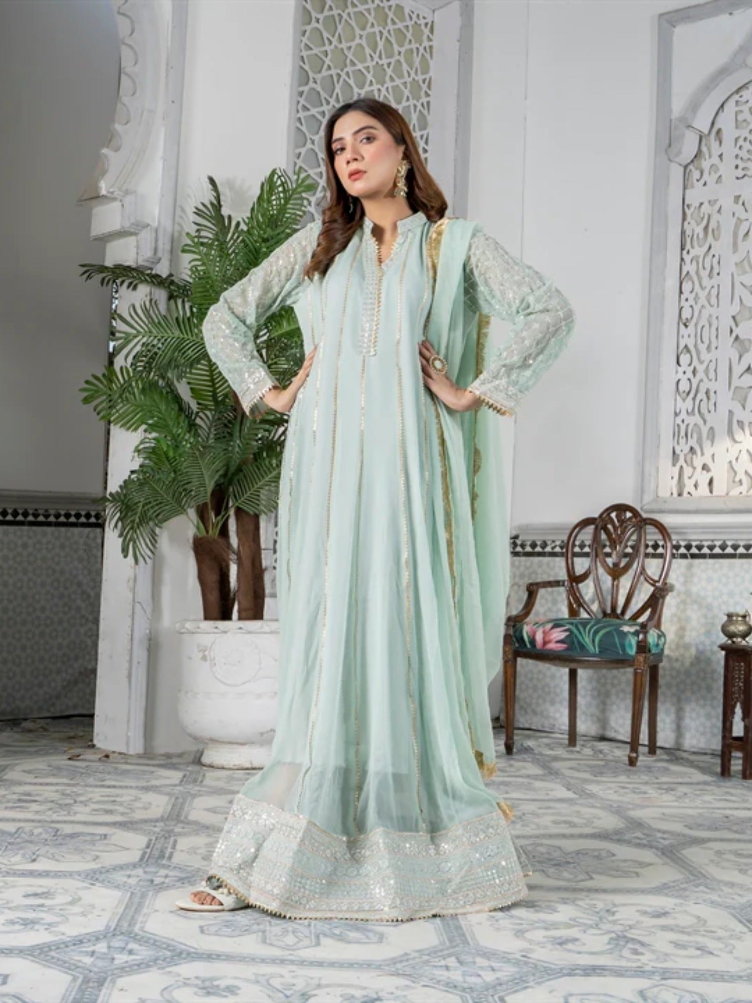 Manahil Arts Chiffon Embroidered Stitched 3-Piece Maxi-Kurti 106-Aqua