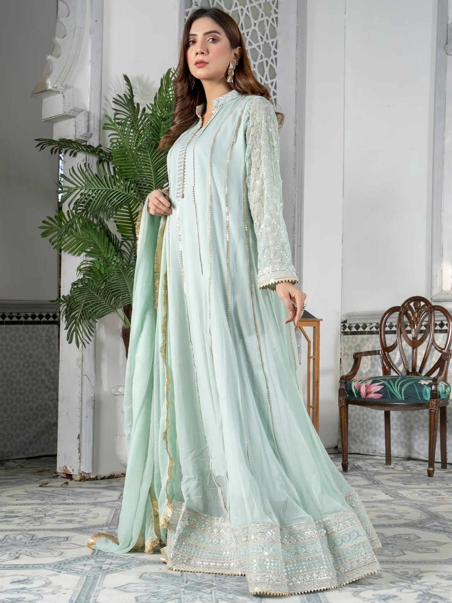 Manahil Arts Chiffon Embroidered Stitched 3-Piece Maxi-Kurti 106-Aqua