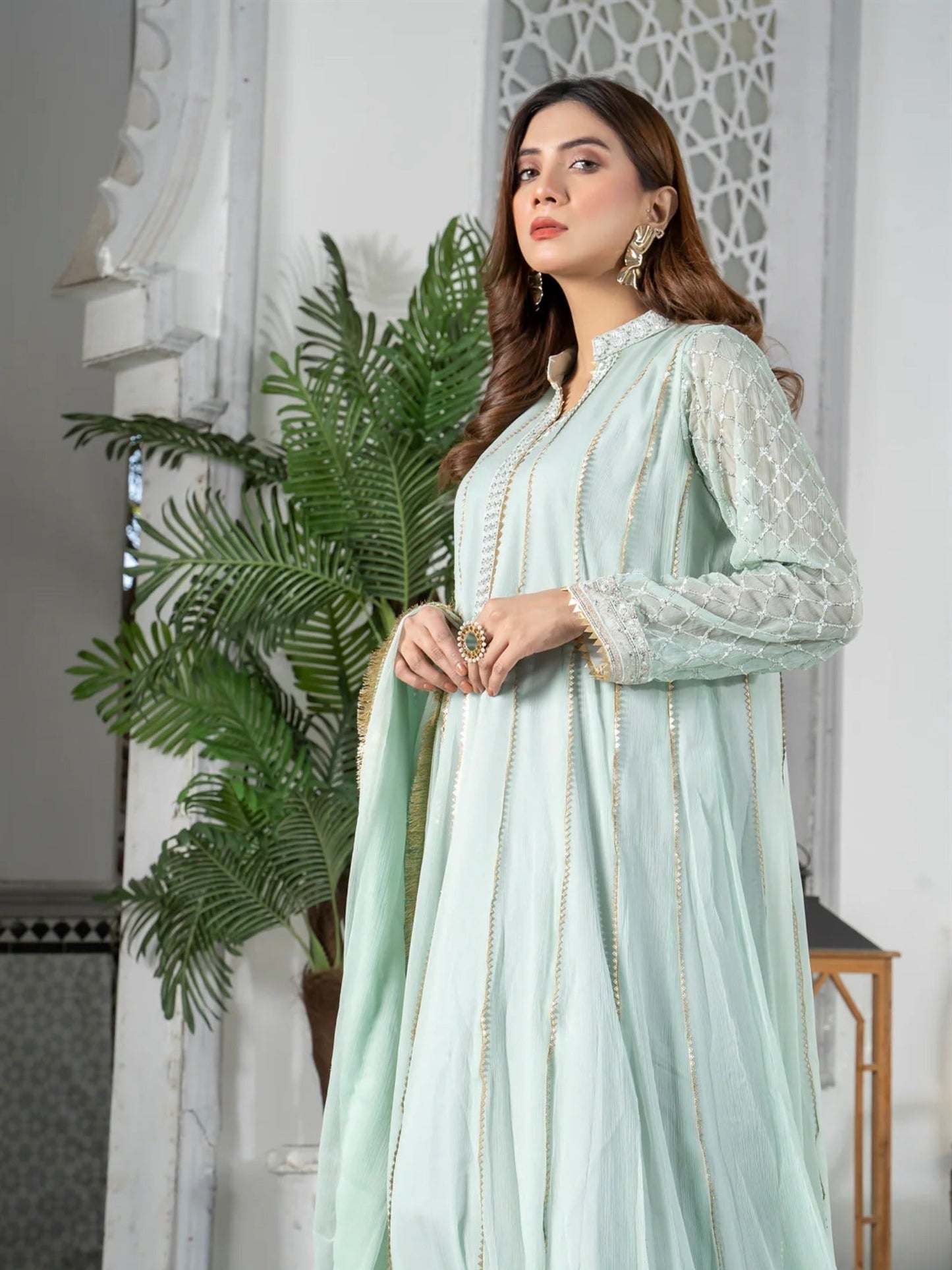 Manahil Arts Chiffon Embroidered Stitched 3-Piece Maxi-Kurti 106-Aqua