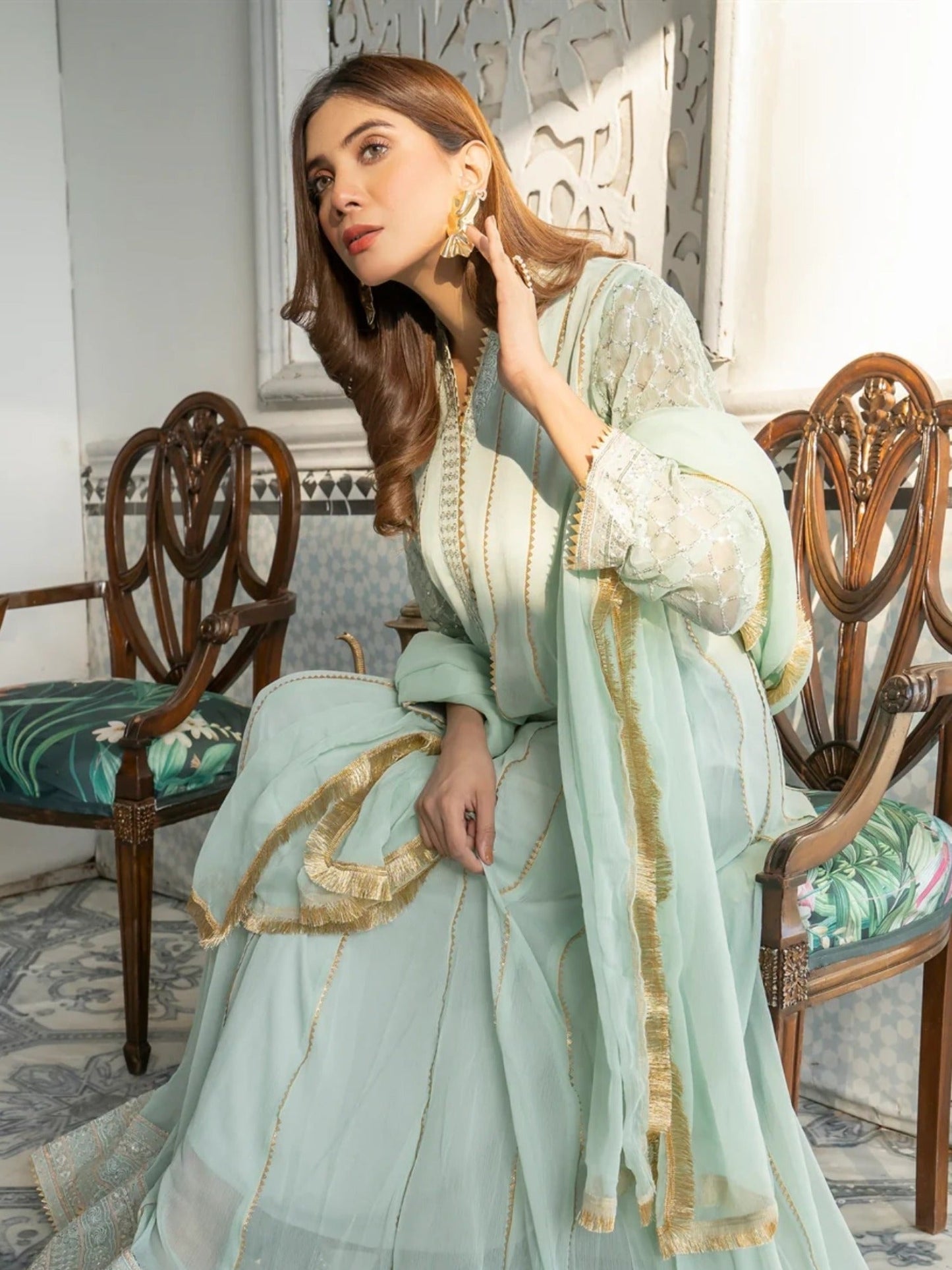 Manahil Arts Chiffon Embroidered Stitched 3-Piece Maxi-Kurti 106-Aqua