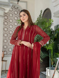 Maroon Manahil Arts Chiffon Embroidered Stitched 3-Piece Maxi-Kurti 106-Maroon