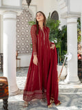 Maroon Manahil Arts Chiffon Embroidered Stitched 3-Piece Maxi-Kurti 106-Maroon